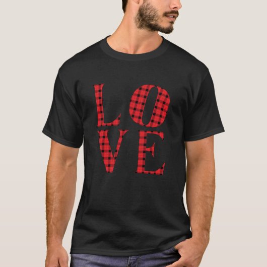 LOVE 4文字ワード素朴な赤いバッファローのプレイド Tシャツ (正面)