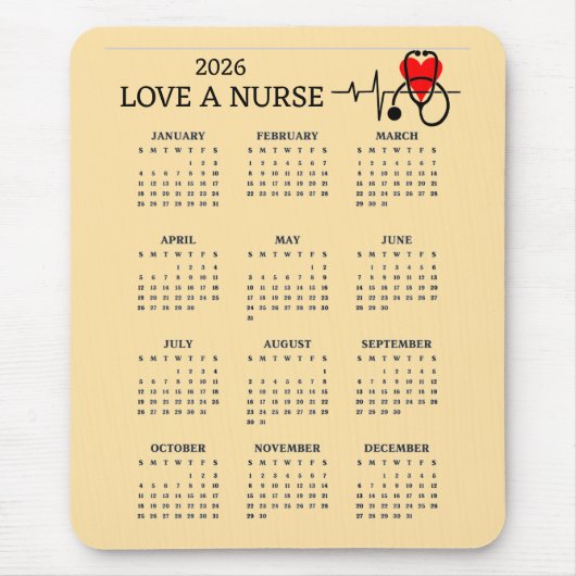 Love a Nurse Heart Stethoscope 2026 Calendar マウスパッド (正面)