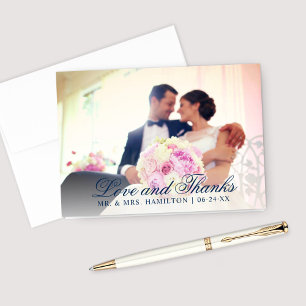 Love and 感謝してい Navy Blueの結婚写真 サンキューカード