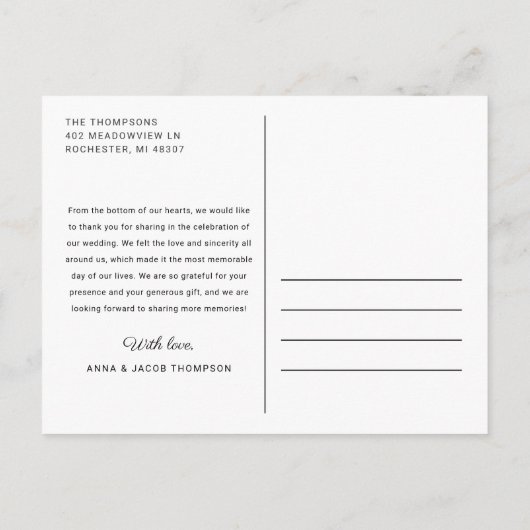 Love and 感謝してい Scriptの写真結婚ありがとう ポストカード (裏面)
