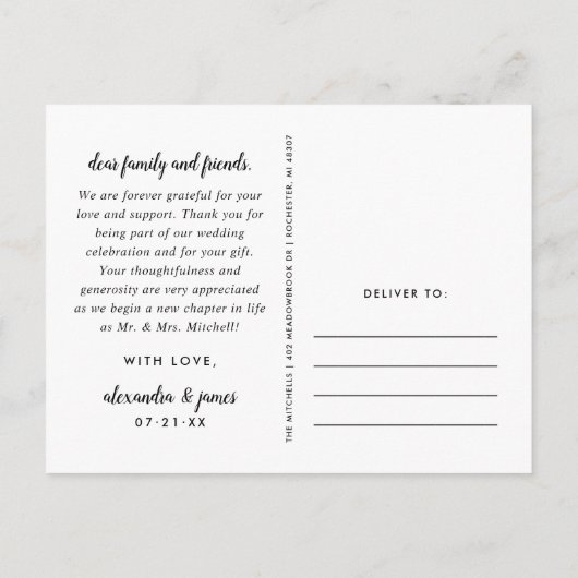 Love and 感謝してい Scriptの写真結婚ありがとう ポストカード (裏面)