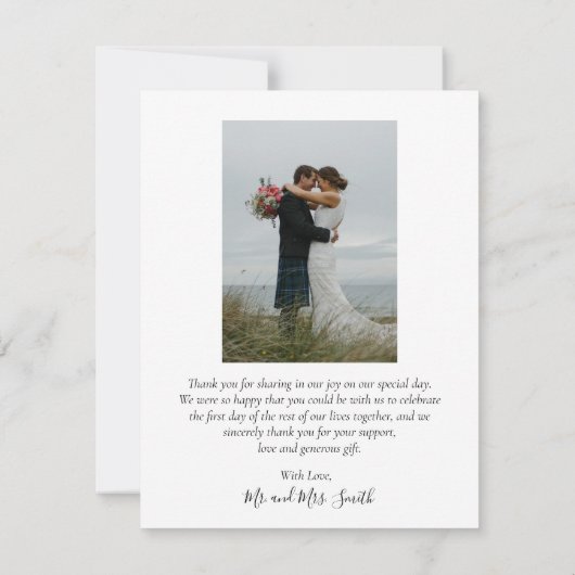 Love and 感謝してい Script Navyの写真結婚ユー サンキューカード (裏面)