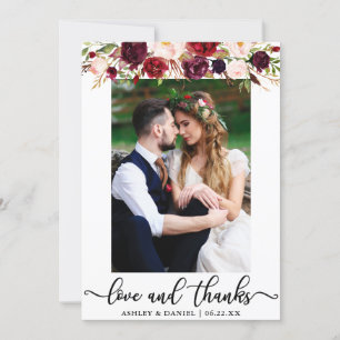Love and 結婚 Burgundyの感謝していフローラ写真 サンキューカード
