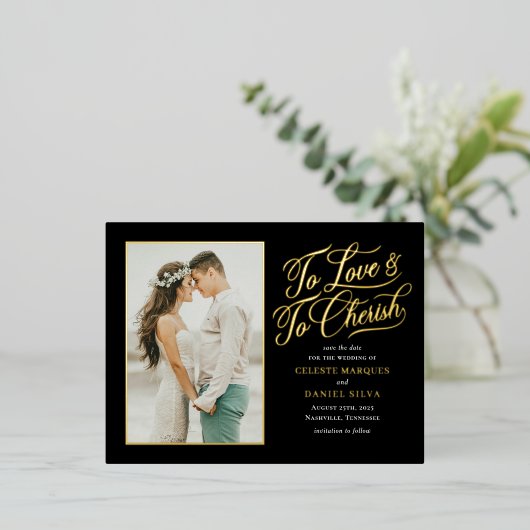 Love and Cherish FOIL日付はがきを保存 箔招待状ポストカード (立ち正面)