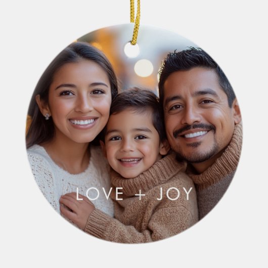 Love and Joyミニマルモダンリストのクリスマスフォト セラミックオーナメント (正面)