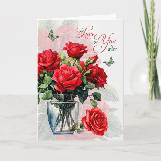 Love and Romance Vase of Red Roses and Butterfly カード (正面)