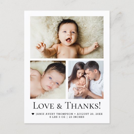Love and Thanks Baby Photo Birth announcement ポストカード (正面)