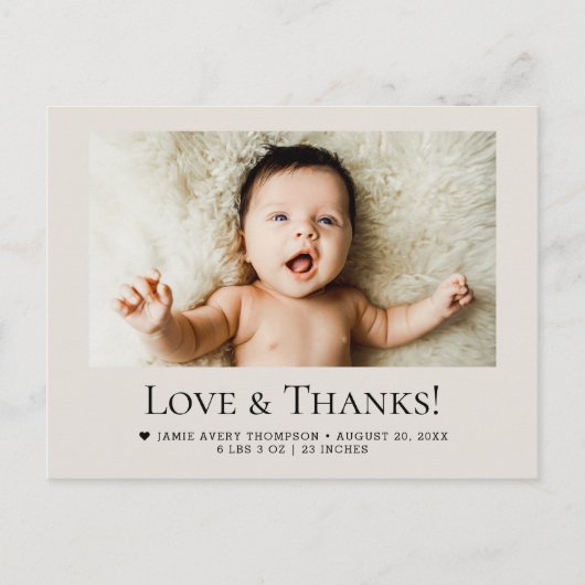 Love and Thanks Baby Photo Birth Stats Soft Beige ポストカード (正面)