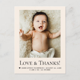 Love and Thanks Beige Baby Photo Birth ポストカード