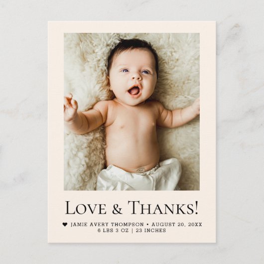 Love and Thanks Beige Baby Photo Birth ポストカード (正面)