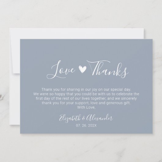 Love and Thanks Calligraphy Script Blue Wedding サンキューカード (正面)