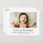 Love and Thanks Horizontal Baby Photo Birth Stats ポストカード (正面/裏面)