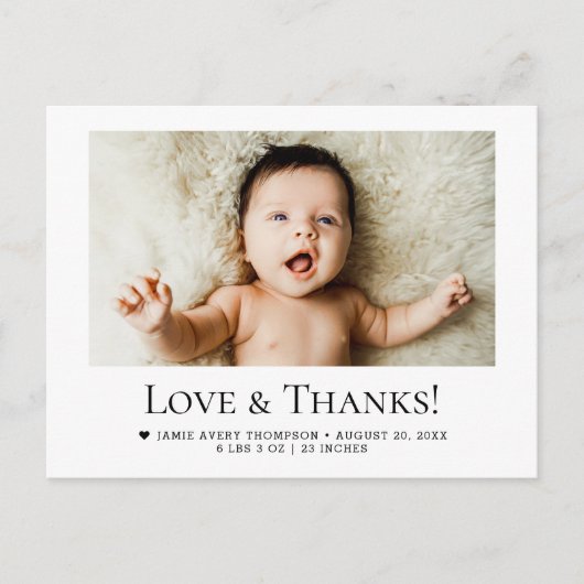 Love and Thanks Horizontal Baby Photo Birth Stats ポストカード (正面)