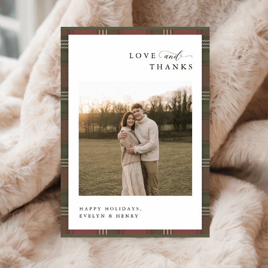 Love and Thanks | Newlywed Plaid Christmas Photo サンキューカード