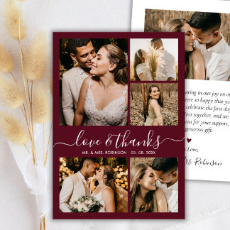 Love and Thanks Photo Collage Burgundy Wedding サンキューカード