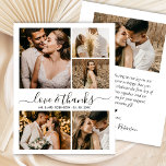Love and Thanks Script 6 Photo Collage Wedding サンキューカード<br><div class="desc">Elegant Love and Thanks Script wedding thank you card featuring a (6) six-photo collage layout—perfect for showcasing your favorite moments from the big day. This modern minimalist template includes the phrase “Love and thanks” in a graceful, hand-lettered calligraphy script with swash tail detailing, printed in black on a white background....</div>