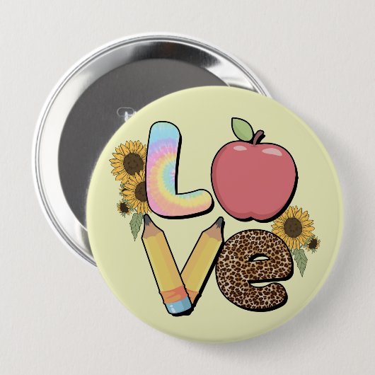 Love - Apple & Pencilカラフルとの先生デザイン 缶バッジ (正面&裏面)