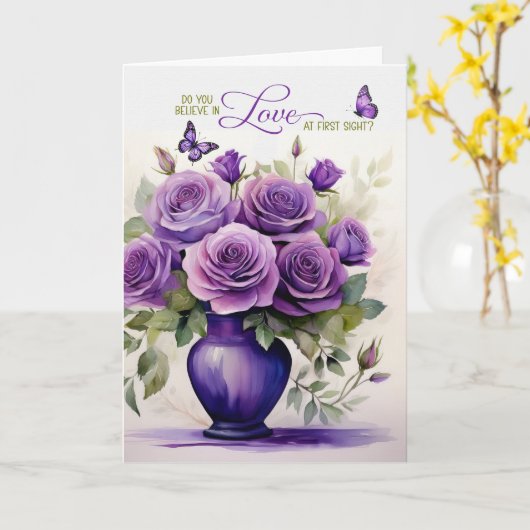 Love at First Sight Vase of Purple Roses Romantic カード (黄色い花)
