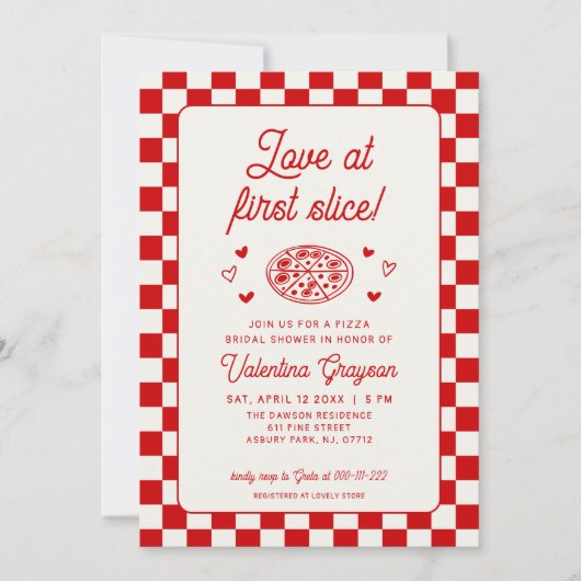 Love at First Slice Pizza Bridal Shower 招待状 (正面)
