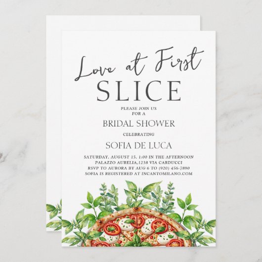Love At First Slice Pizza Italian Bridal Shower 招待状 (正面/裏面)