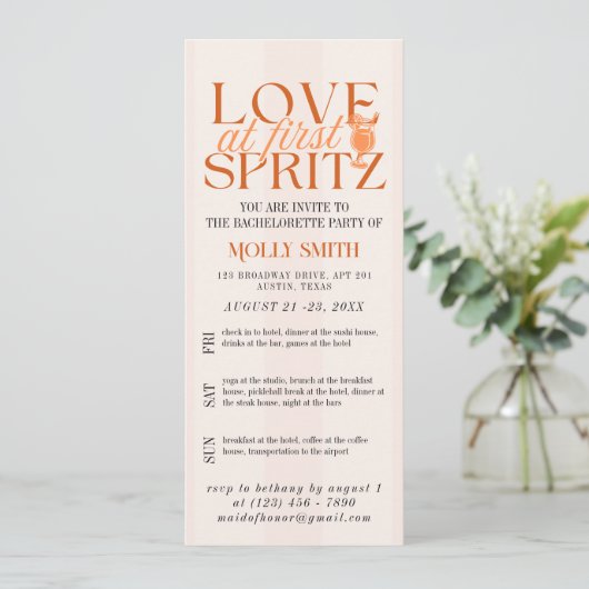 Love at First Spritz Bachelorette Itinerary  招待状 (スタンド正面)