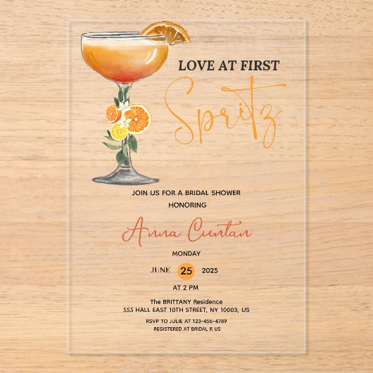 Love at First Spritz Bridal Shower Cocktail Drink アクリル招待状 (正面)