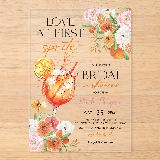 Love at First Spritz Bridal Shower Invitation アクリル招待状 (正面)