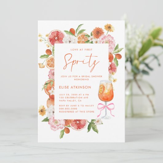 Love At First Spritz Floral Bridal Shower 招待状 (スタンド正面)