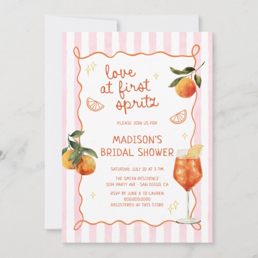 Love At First Spritz Hand Drawn Bridal Shower 招待状 (正面)