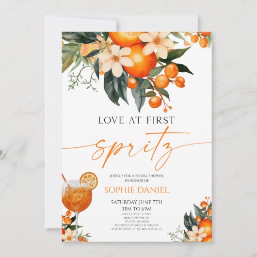 Love At First Spritz Spritzer Orange Bridal Shower 招待状 (正面)