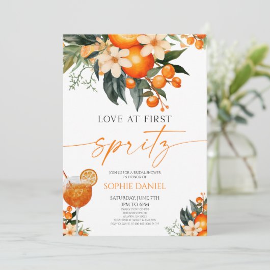 Love At First Spritz Spritzer Orange Bridal Shower 招待状 (スタンド正面)