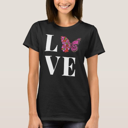LOVE Beautiful Butterfly with half Pink flowers bu Tシャツ (正面)