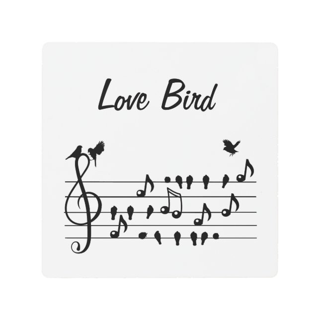 Love Bird、歌の鳥のノートの間に座って メタルプリント (正面)