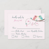 love birdsフローラピンクの応答カードRSVP 出欠カード (正面/裏面)