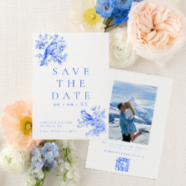 Love Birds Blue Chinoiserie QRコードフォト結婚ズ セーブザデート