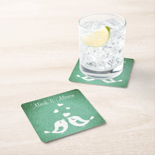 Love Birds Elegant Green Personalised スクエアペーパーコースター (インサイチュ)