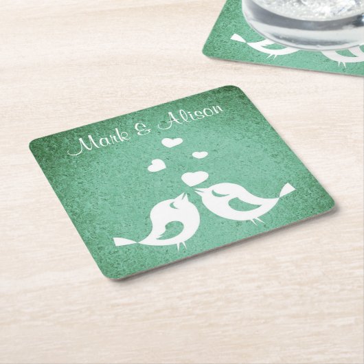 Love Birds Elegant Green Personalised スクエアペーパーコースター (アングル)