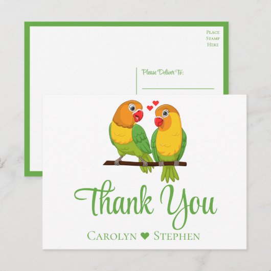Love Birds Green Yellow Lovebird'結婚s Thank You ポストカード (正面/裏面)