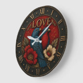 Love Birds Romantic Vintage Floral ラージ壁時計 (傾斜)