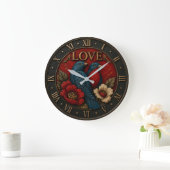 Love Birds Romantic Vintage Floral ラージ壁時計 (ホーム)