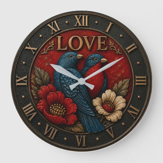 Love Birds Romantic Vintage Floral ラージ壁時計 (正面)