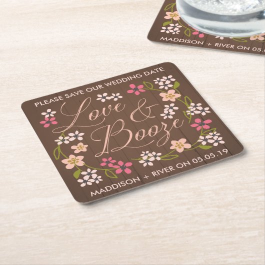 Love & Booze Save the Date Coasters スクエアペーパーコースター (アングル)