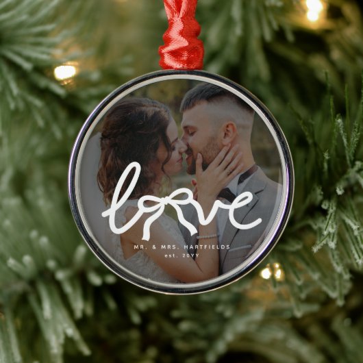 Love Bow Mr and Mrs Custom Couples Wedding Photo メタルオーナメント (ツリー)