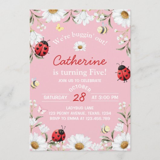 Love Bug Daisy Floral Ladybug Birthday Party 招待状 (正面)