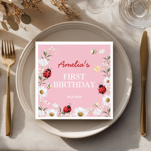 Love Bug Ladybug Daisy Floral Birthday Party スタンダードカクテルナプキン