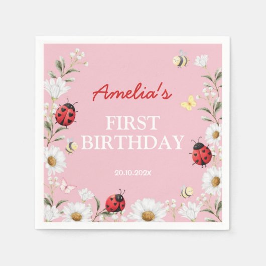 Love Bug Ladybug Daisy Floral Birthday Party スタンダードカクテルナプキン (正面)