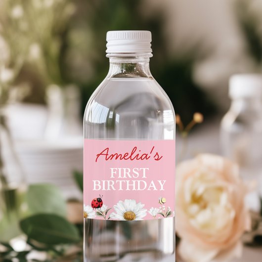 Love Bug Ladybug Daisy Floral Birthday Party ペットボトルラベル
