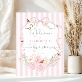 Love Bug Pink Bow Stripes Baby Shower Welcome ポスター