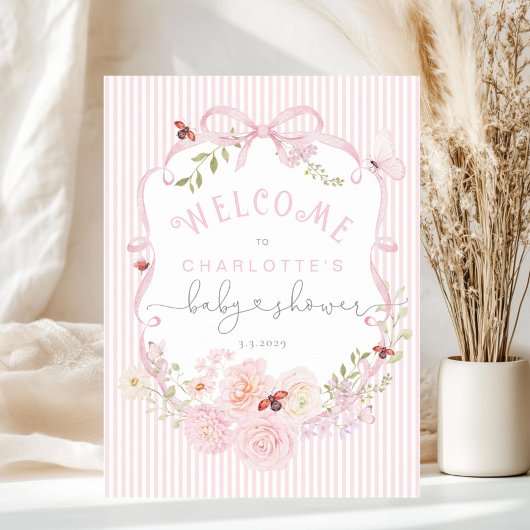 Love Bug Pink Bow Stripes Baby Shower Welcome Foam ポスター