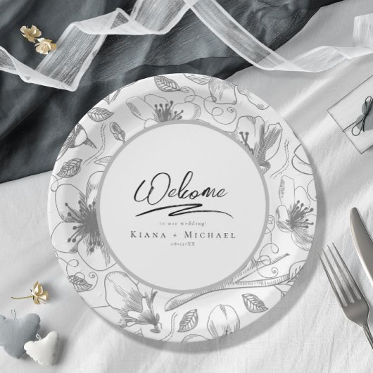 Love Calligraphy Wedding Floral Pattern Blk ID940 ペーパープレート